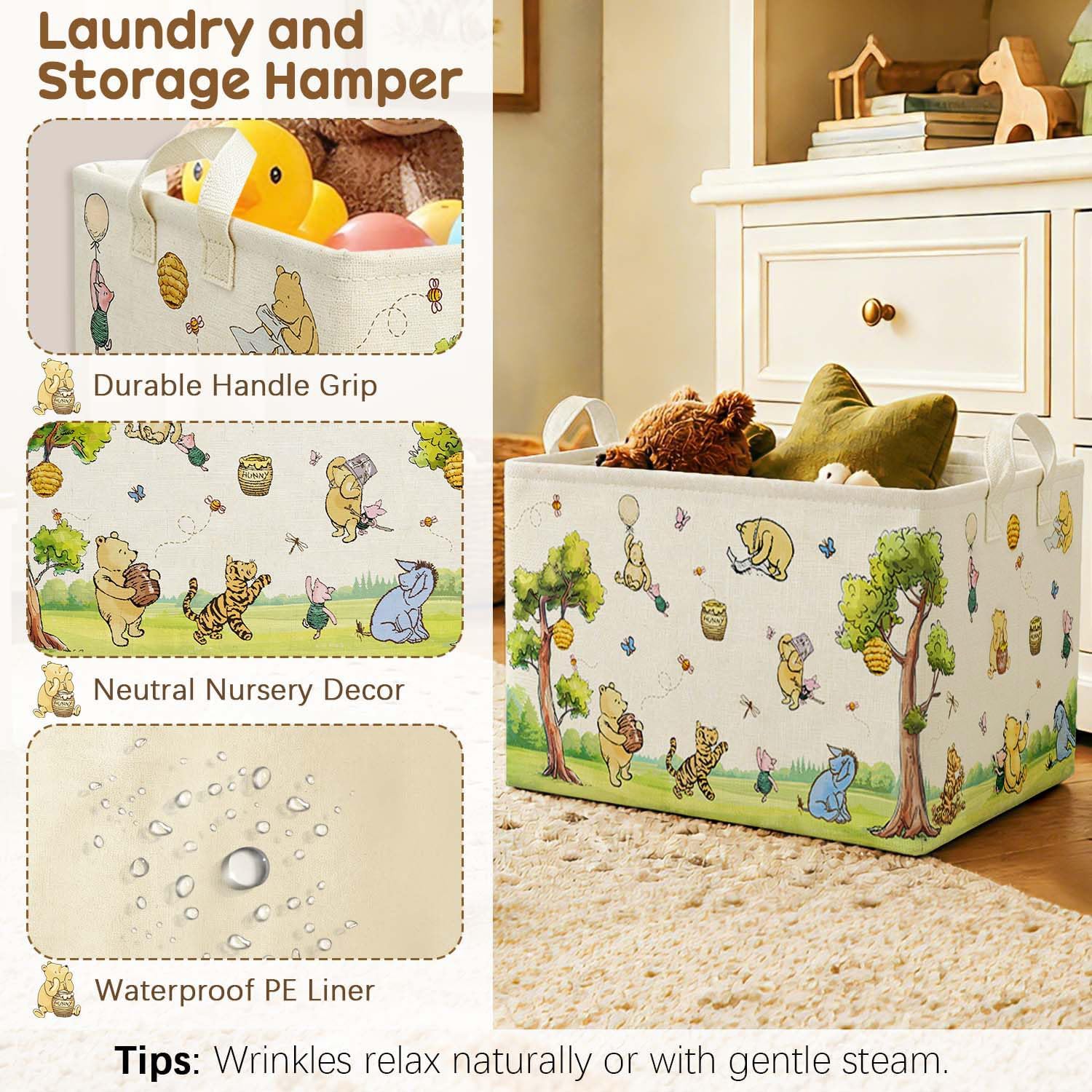 Rectangle Classic Winnie Bear Baby Basket for Nursery, Neutral Vintage Winnie Baby Stuff Gift Bags Waterproof Storage Basket Canvas Clothes Diaper Bag