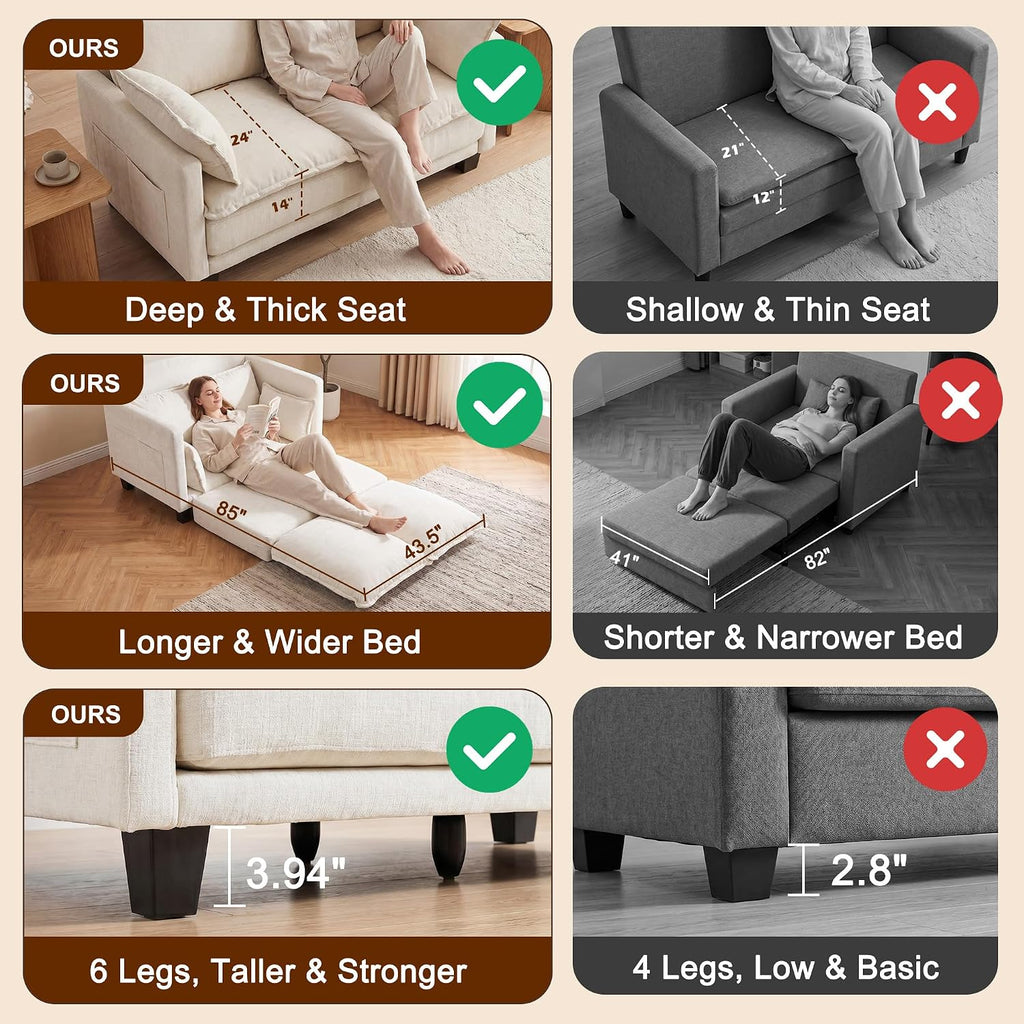 49" Loveseat Sofa Bed, 2 in 1 Convertible Sofa Bed Small Pull Out Couch Bed Chenille 2 Seat Sofa 85" Sleeper Futon Mattress for Small Spaces Living Room Bedroom Apartment Office 8836-BEIGE