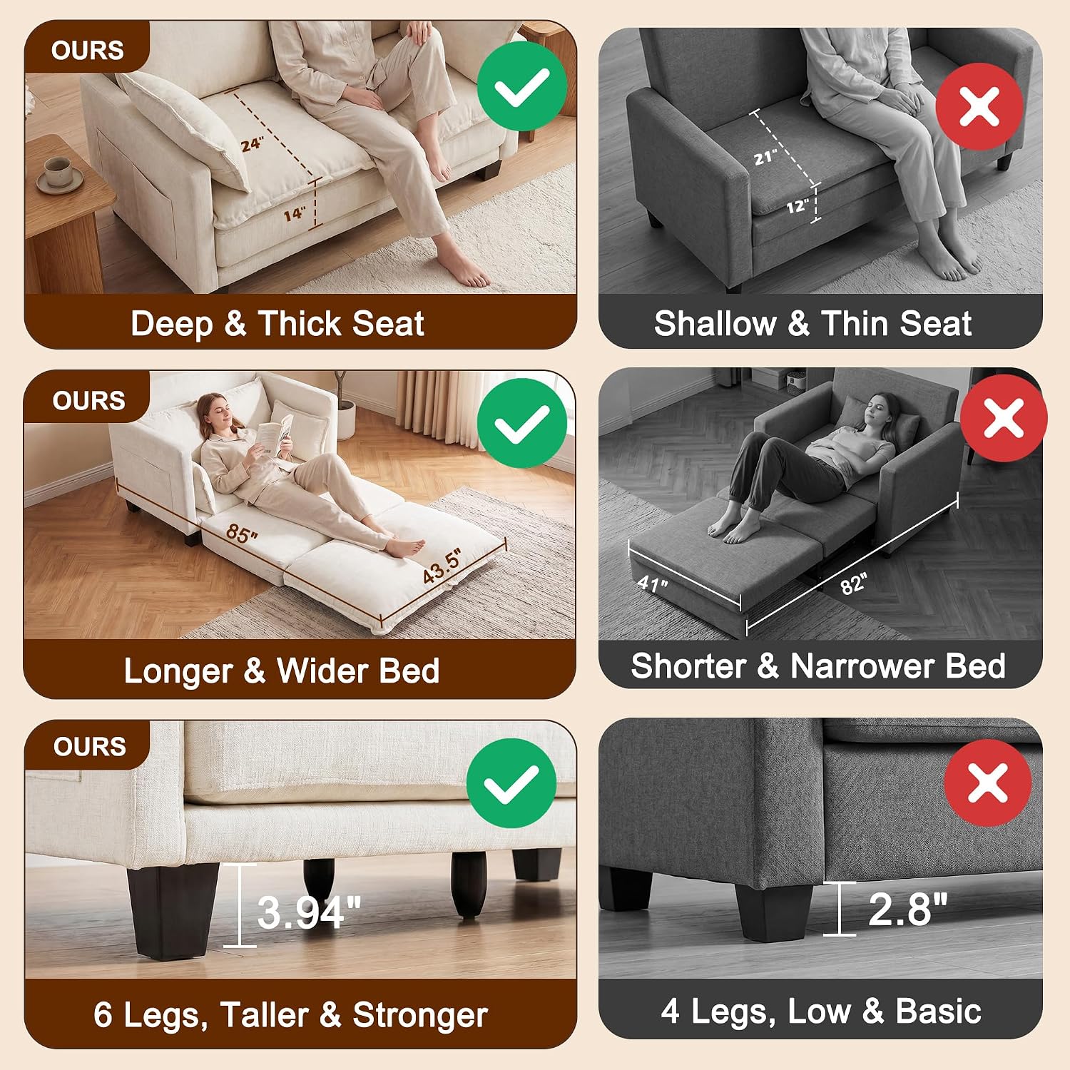 49" Loveseat Sofa Bed, 2 in 1 Convertible Sofa Bed Small Pull Out Couch Bed Chenille 2 Seat Sofa 85" Sleeper Futon Mattress for Small Spaces Living Room Bedroom Apartment Office 8836-BEIGE