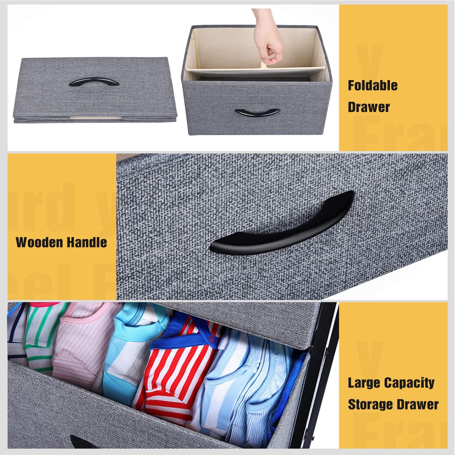 Yesker Storage Tower Units, Nightstand Dresser Organizer with 4 Drawers, Fabric Vertical, Steel Frame Wide Wood Top Small Dresser for Bedroom Hallway Entryway Closets, Easy Pull Handle, Black Grey