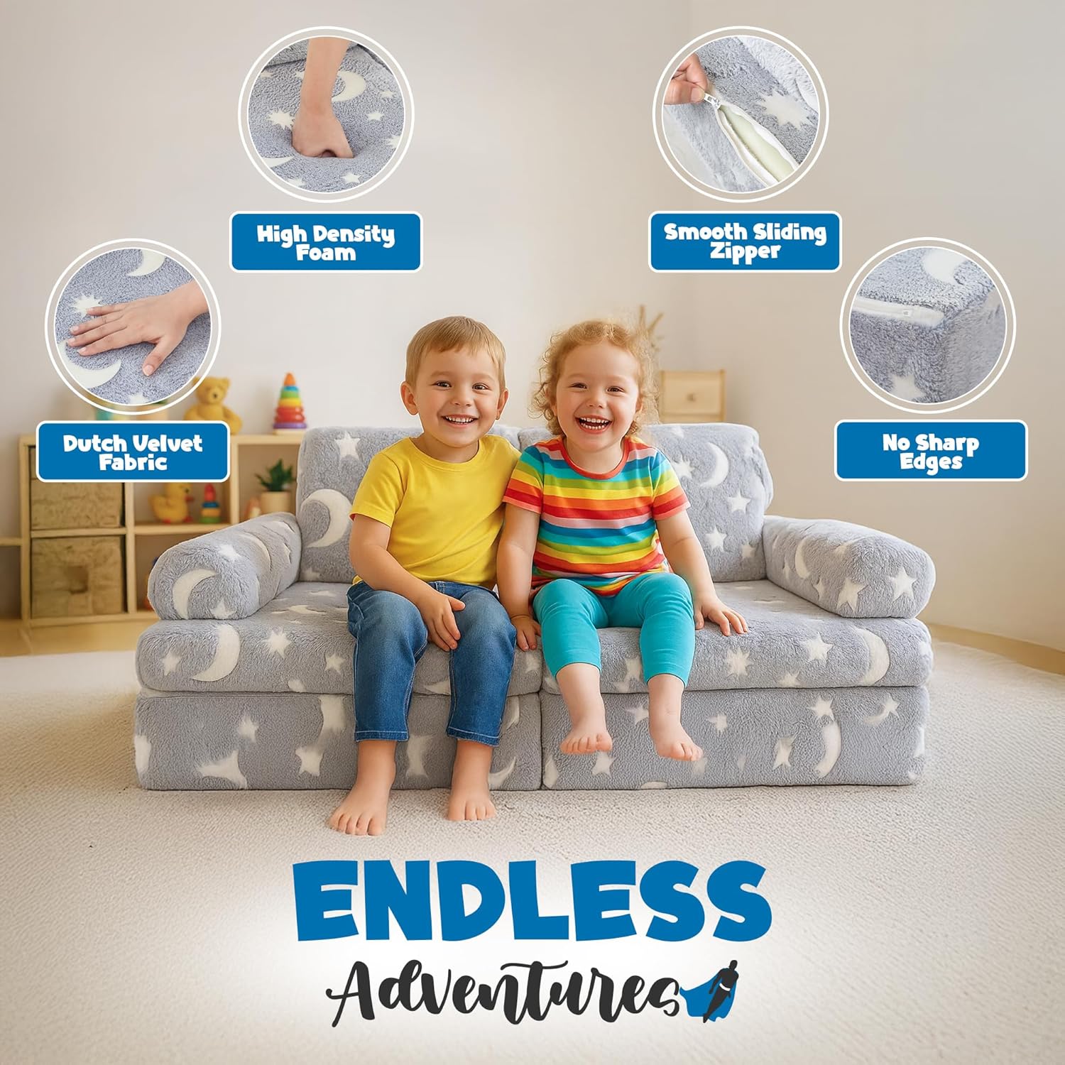 WONDERME 2-Seater Modular Kids Play Couch – 10pc Glow in the Dark Creative Kids Couch for Playroom, Living Room, and Bedroom Fortplay – Convertible Foam and Floor Cushion for Ages 1 to 10