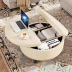 FiveWillowise 30 Inch Large Round Ottoman with Storage, Modern Leather Ottoman Coffee Table with Lift Top, Upholstered Button Tufted Footrest Stool Toy Blanket Storage for Living Room,Cream White