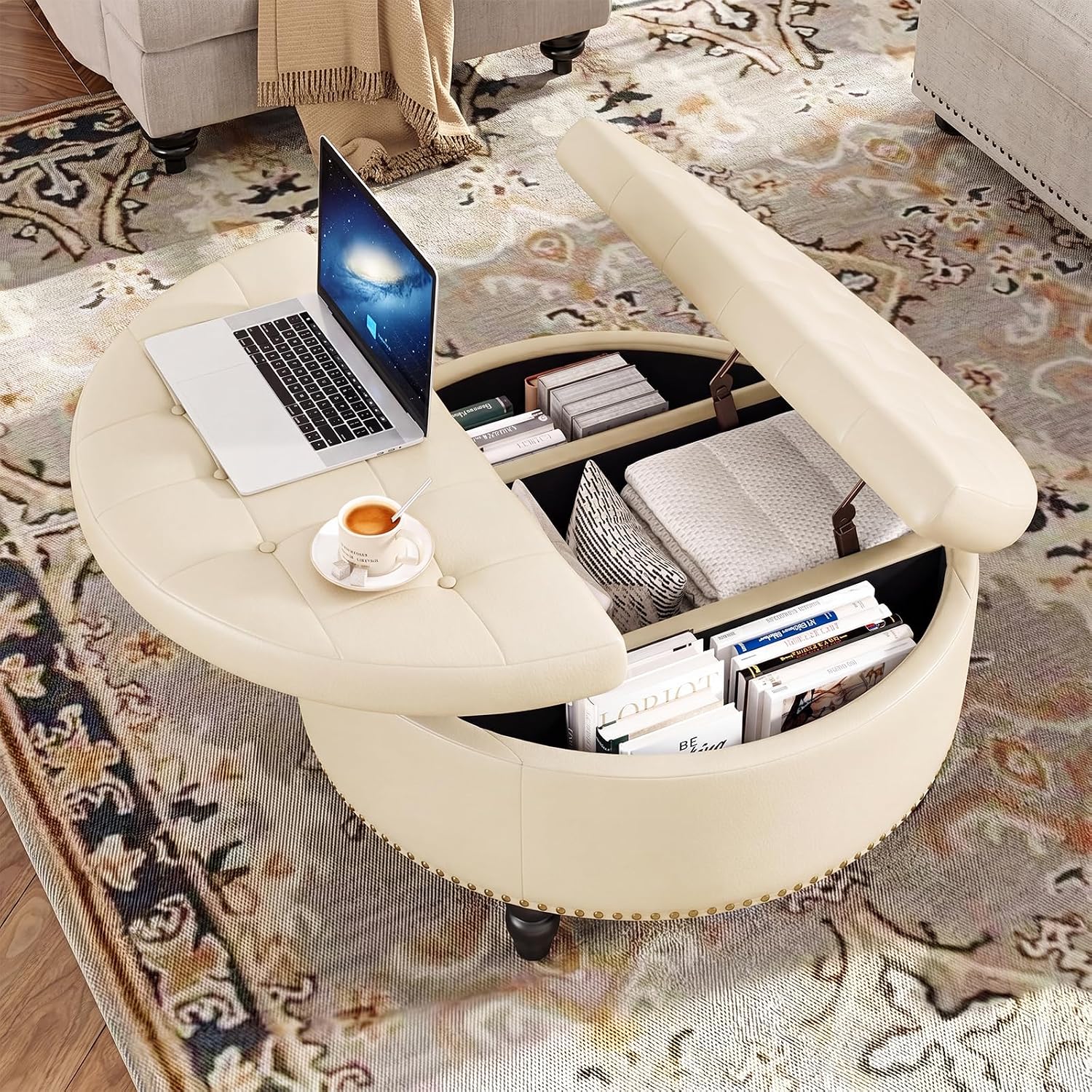 FiveWillowise 30 Inch Large Round Ottoman with Storage, Modern Leather Ottoman Coffee Table with Lift Top, Upholstered Button Tufted Footrest Stool Toy Blanket Storage for Living Room,Cream White