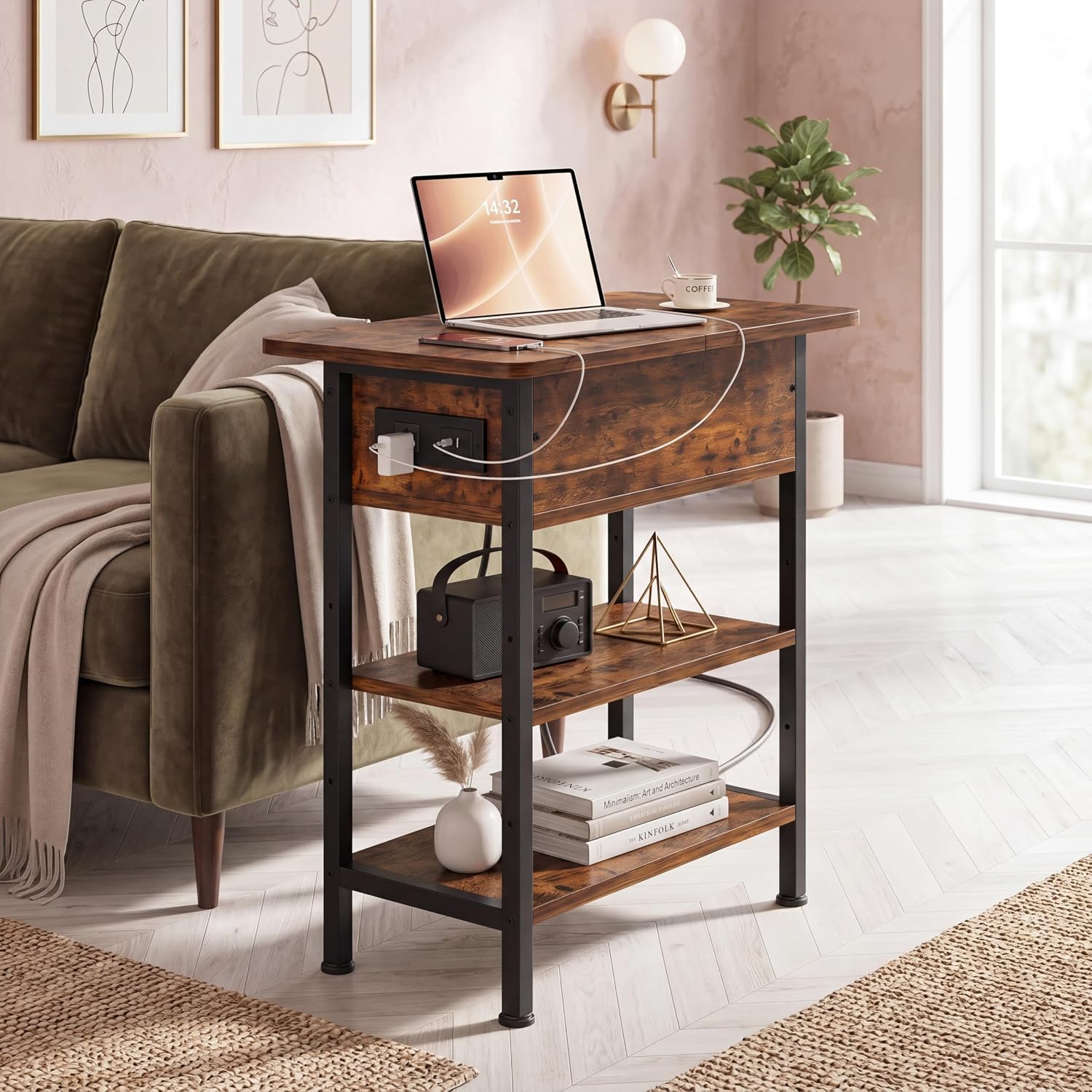 GRUSIGN End Table with Charging Station, Flip Top Side Table with USB Ports and Outlets, 3-Tier Small Side Table with Storage for Small Space, End Tables for Living Room/Bedroom, Black