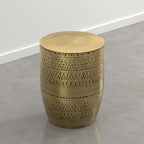 SIMPLIHOME Johnsen Tribal Accent Table – 15 inch Wide Round Metal Drum Table in Burnished Gold, Boho Modern Side Table for Living Room with Embossed Tribal Pattern, Assembled