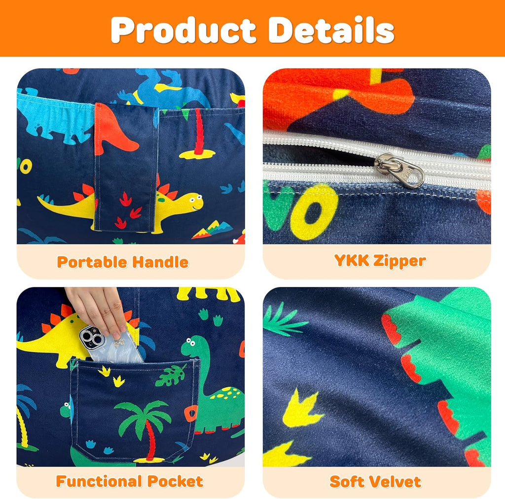Lukeight Dinosaur Bean Bag Chair for Kids and Teens, Memory Foam Filled Floor Lounger, Washable Velvet Cover with Inner Liner, Beanbag Chair with Filling for Gaming and Reading, Large 27" D x 16" H