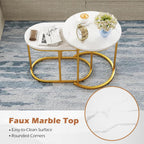 CASART Set of 2 Nesting Tables, Faux Marble Stacking Sofa Side Tables 2PCS Round Coffee Table, Wooden Top & Steel Frame, Space Saving Accent Tea Tables for Living Room Bedroom Office (Marble+Golden)