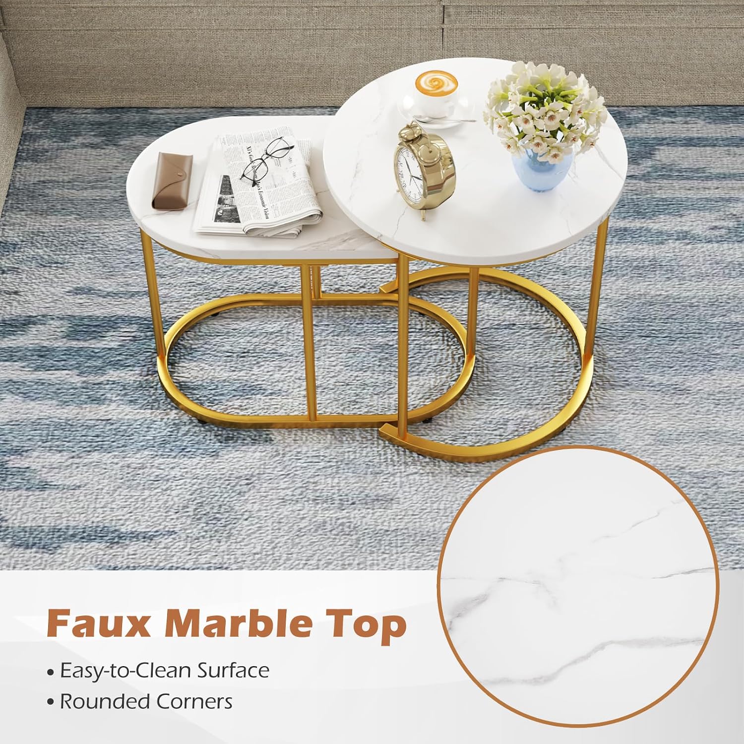 CASART Set of 2 Nesting Tables, Faux Marble Stacking Sofa Side Tables 2PCS Round Coffee Table, Wooden Top & Steel Frame, Space Saving Accent Tea Tables for Living Room Bedroom Office (Marble+Golden)