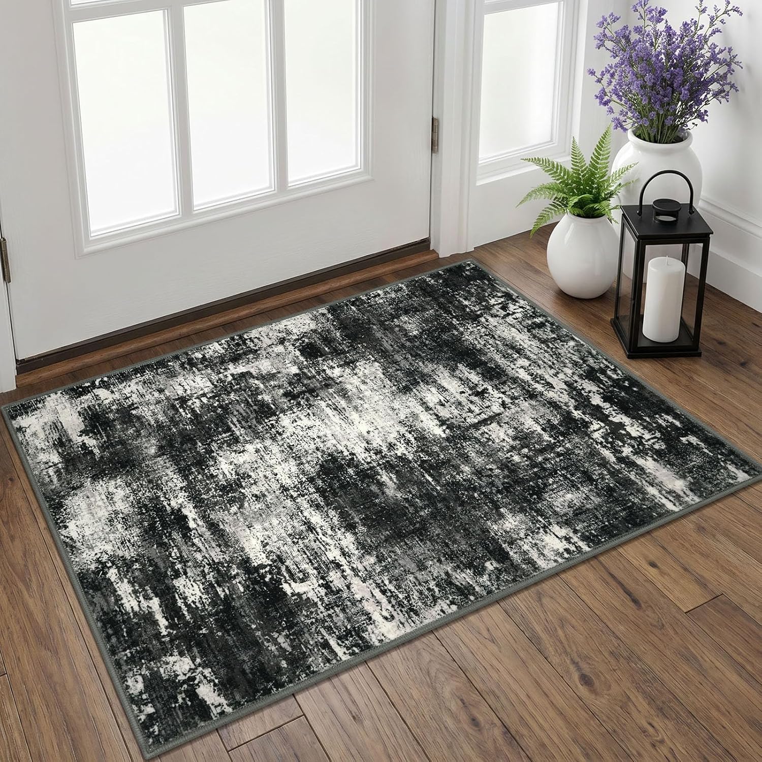 Lansny Abstract Small Area Rug 2x3 Entryway Rugs Washable Door Mat Entrance, Non Slip Kitchen Rugs, Rubber Backed Throw Rug Printed Faux Wool Floor Carpet for Front Door Foyer Entry Sink, Black Grey