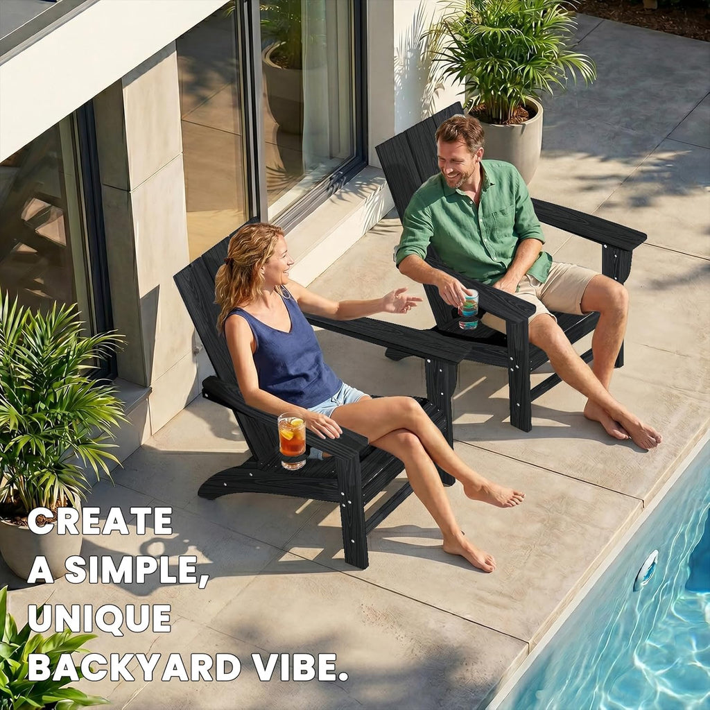 Modern Adirondack Chair with Cup Holder, HDPE Plastic Patio Chairs for All Weather, Fire Pit Chair, Outdoor Lawn Chairs for Deck, Porch, Backyard, Garden, Black