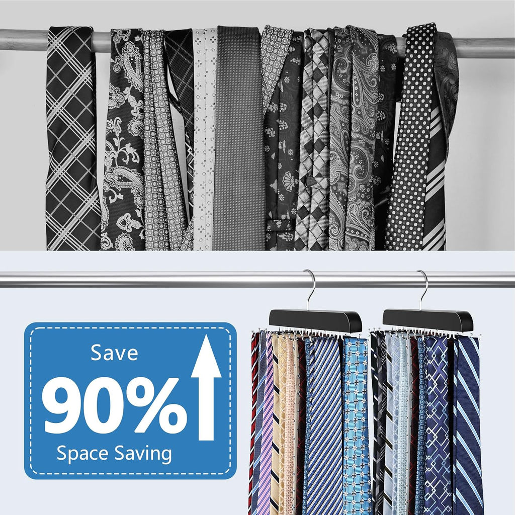 2 Pack Tie Rack Space Saving Hanger, Wooden Tie Hanger for Men with 40 Hooks for Closet Organizers and Storage, Large Capacity Necktie Organizer for Ties, Belts, Tank Top Closet Organization