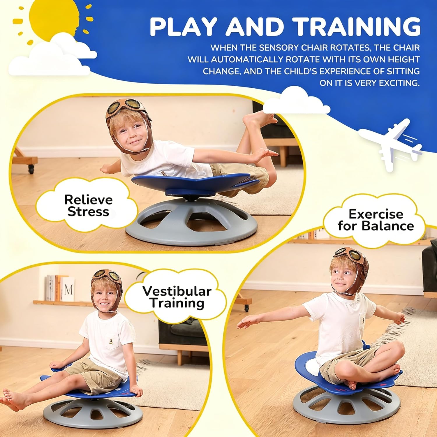 BABAMU Swivel Sensory Spinning Chair,Sensory Activity Toy for Kids,Carousel Spin Sensory Chair Metal Base Non-Slip Rocking Chair Wobble Stool (Deep Blue)