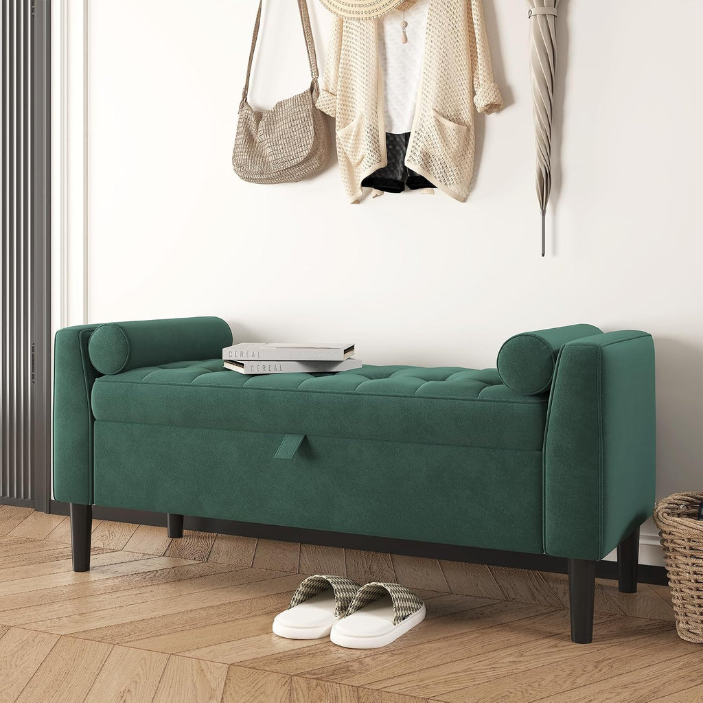 46.5" Storage Ottoman Bench,Entryway Shoe Bench,Upholstered End-of-Bed Storage Chest,Footrest Seat,Storage Stool with Rolled Armrests & Wood Legs for Hallway,Bedroom, Living Room & Cloakroom (Green)