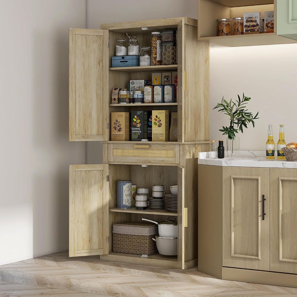 72" Tall Pantry Cabinet with Rattan Decorated Panel, Freestanding Kitchen Storage Cabinet with 4 Doors, Drawer, 5-Tier Shelf and Adjustable Shelves, Oak,15.8 * 30 * 72