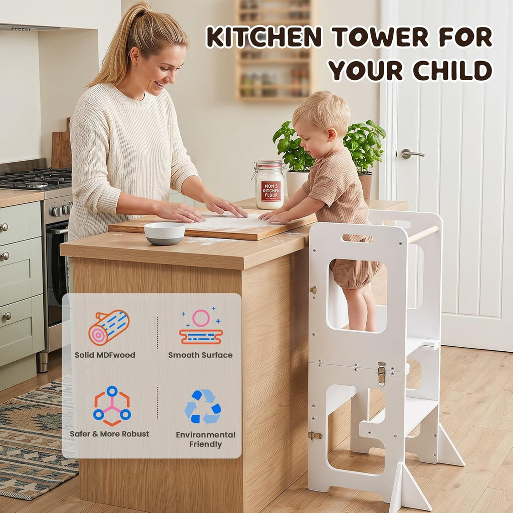 labebe 4-in-1 Toddler Kitchen Helper Tower with Chalkboard, Foldable Learning Standing Stool for Kids 18M+, Wooden Montessori Step Stool for Kitchen Counter, Bathroom Sink & Playroom