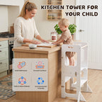 labebe 4-in-1 Toddler Kitchen Helper Tower with Chalkboard, Foldable Learning Standing Stool for Kids 18M+, Wooden Montessori Step Stool for Kitchen Counter, Bathroom Sink & Playroom