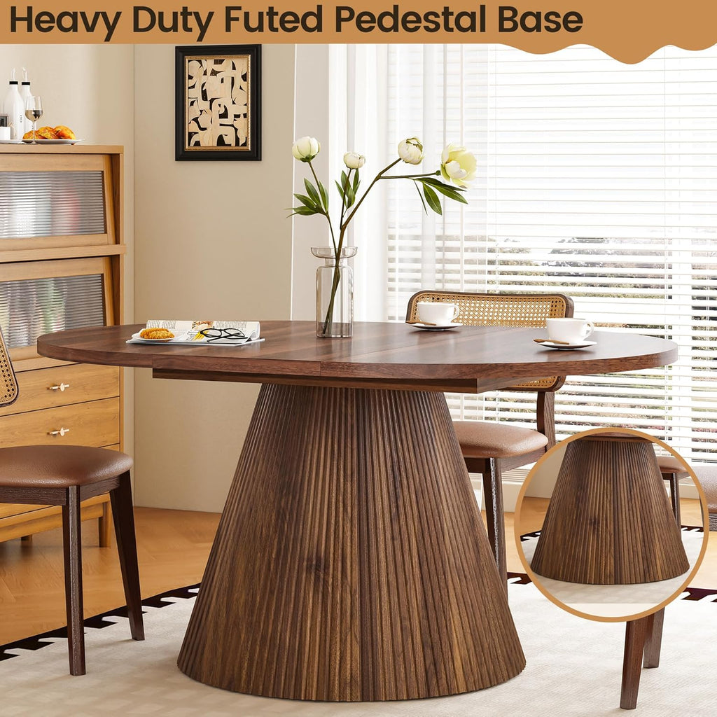 FurSch 43.3"-59" Extendable Oval Dining Table for 4-6-8, Round Adjustable Kitchen Table with Removable Leaves Space Saving, Transformer Dinner Table with Fluted Pedestal Base for Living Room (Walnut)
