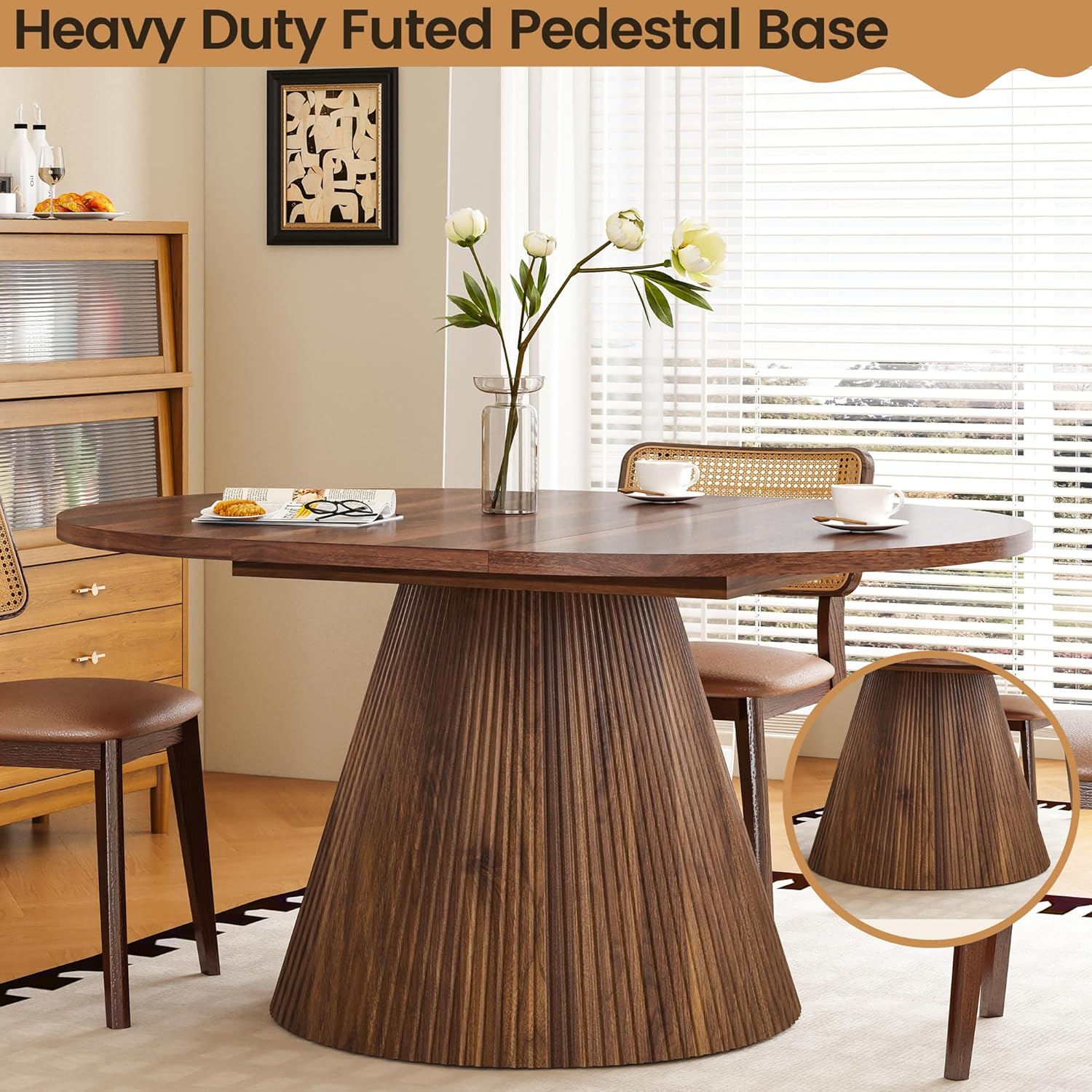 FurSch 43.3"-59" Extendable Oval Dining Table for 4-6-8, Round Adjustable Kitchen Table with Removable Leaves Space Saving, Transformer Dinner Table with Fluted Pedestal Base for Living Room (Walnut)