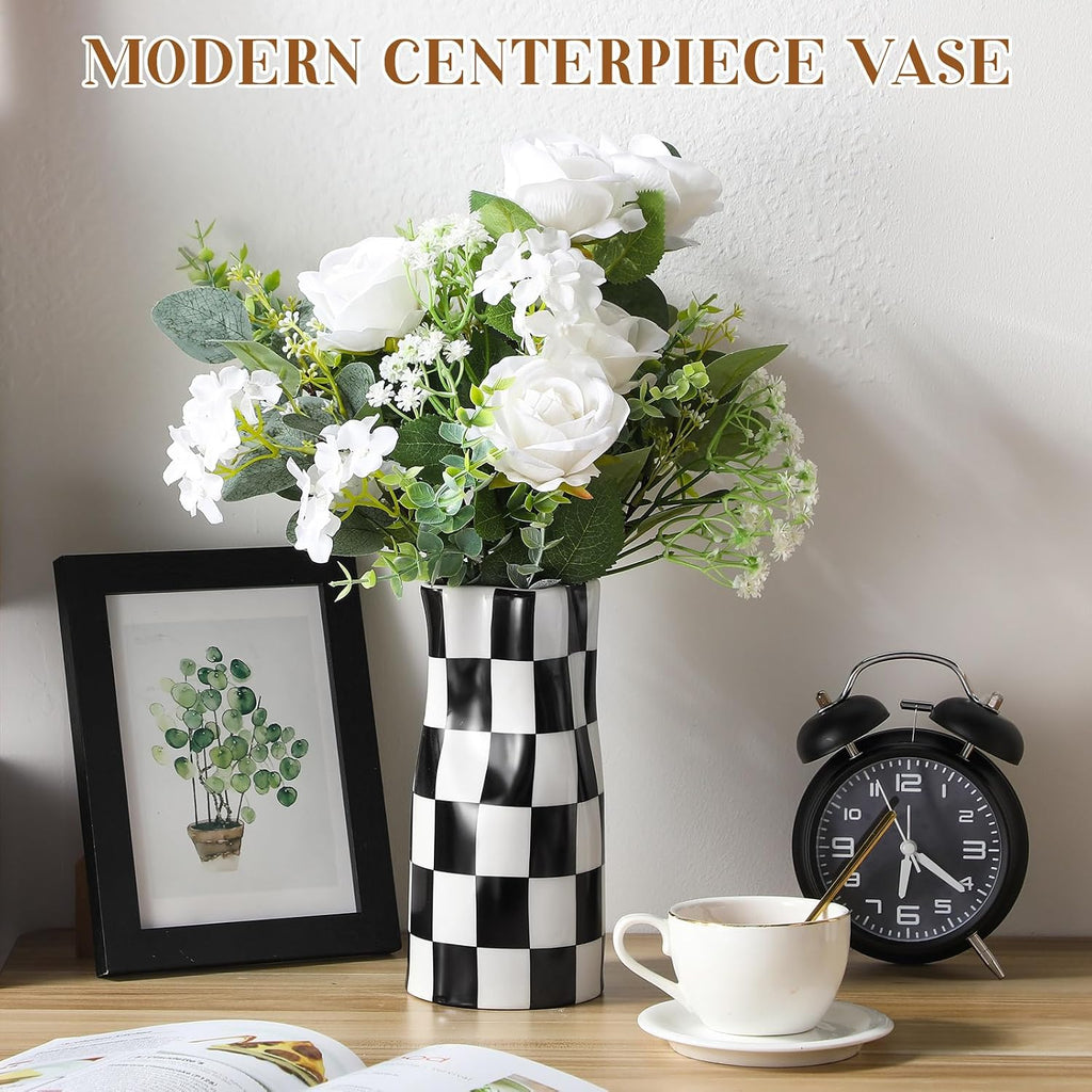 Black and White Checkered Vase Small 8 Inch Height Modern Checkered Decor Ceramic Black and White Flower Shaped Decorative Vase for Office, Bedroom, Home Decor