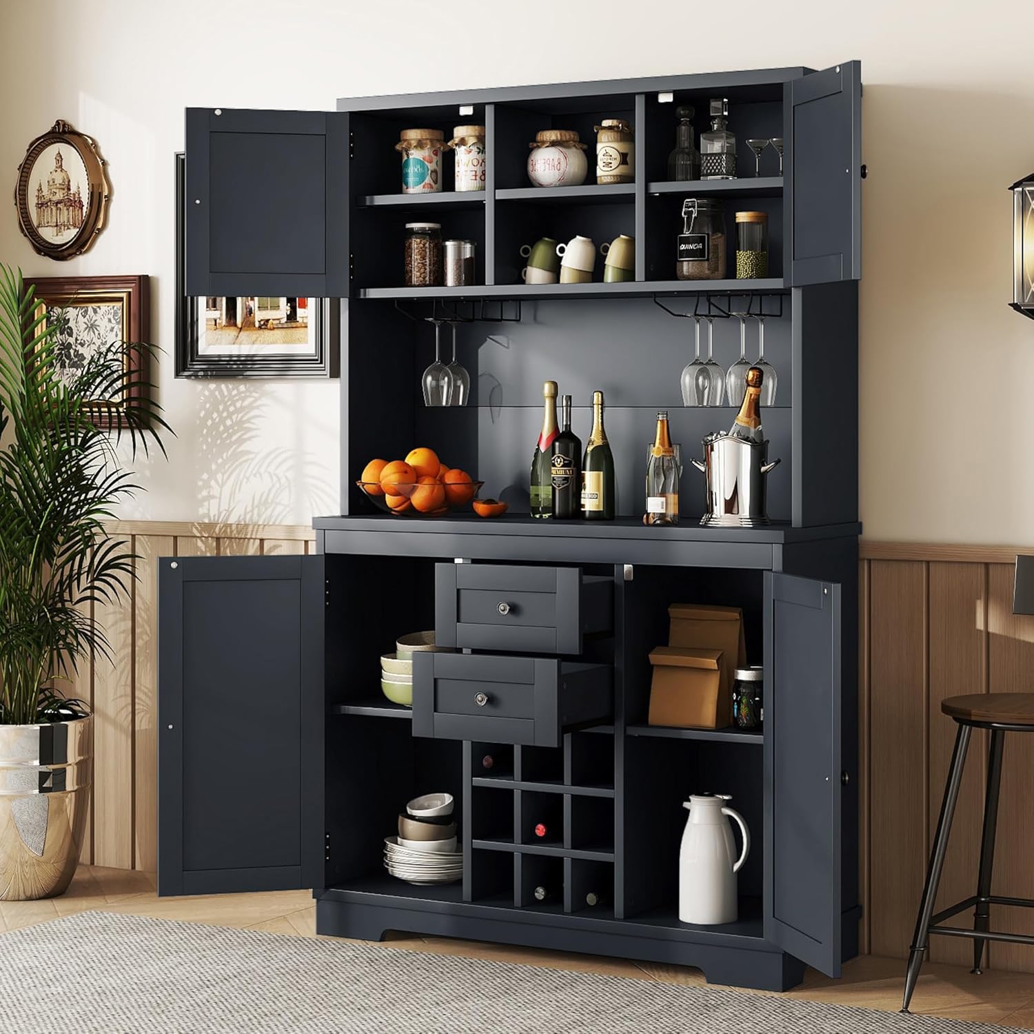 Coffee Bar Cabinet with Storage, 9-Grid Wine Rack & Drawers, Farmhouse Kitchen Buffet with Glass Hooks for Dining Room, Living Room, Kitchen (Blue, 73")