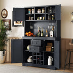 Farmhouse Kitchen Buffet Cabinet with Storage, Dark Blue Food Pantry Organizer with Wine Racks, Glass Shelves & Drawers for Dining Room
