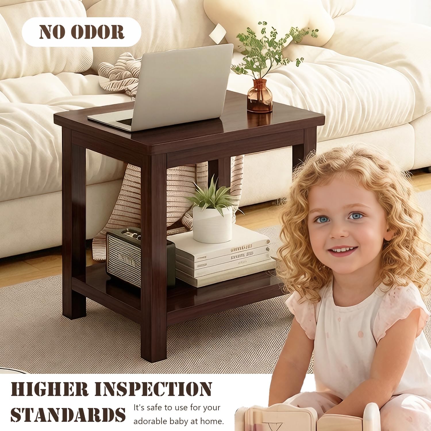 YUNMUARIY-Living Room Side Table,Walnut End Tables,Wood Side Table,Small Square Table for Small Space,13.77 Inches Wide Farmhouse End Tables for Hallway,Bedroom,Corners,Easy Assembly.