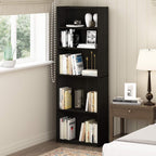 Furinno Jaya Book Shelf, 5-Tier Bookshelf, Tall Standing Bookcase with Adjustable Shelves, 9.5 x 24.5 x 71.2, for Living Room, Bedroom, Home Office, Black Espresso