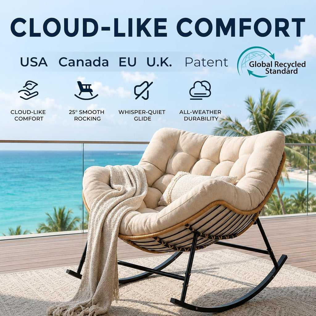 SWITTE Outdoor Oversized Rocking Papasan Chair, Indoor Wicker Egg Lounge with Thick Cushion, 450 lbs Heavy Duty Comfy Patio Rocker Chair for Balcony, Porch, Indoor Living Room, Beige