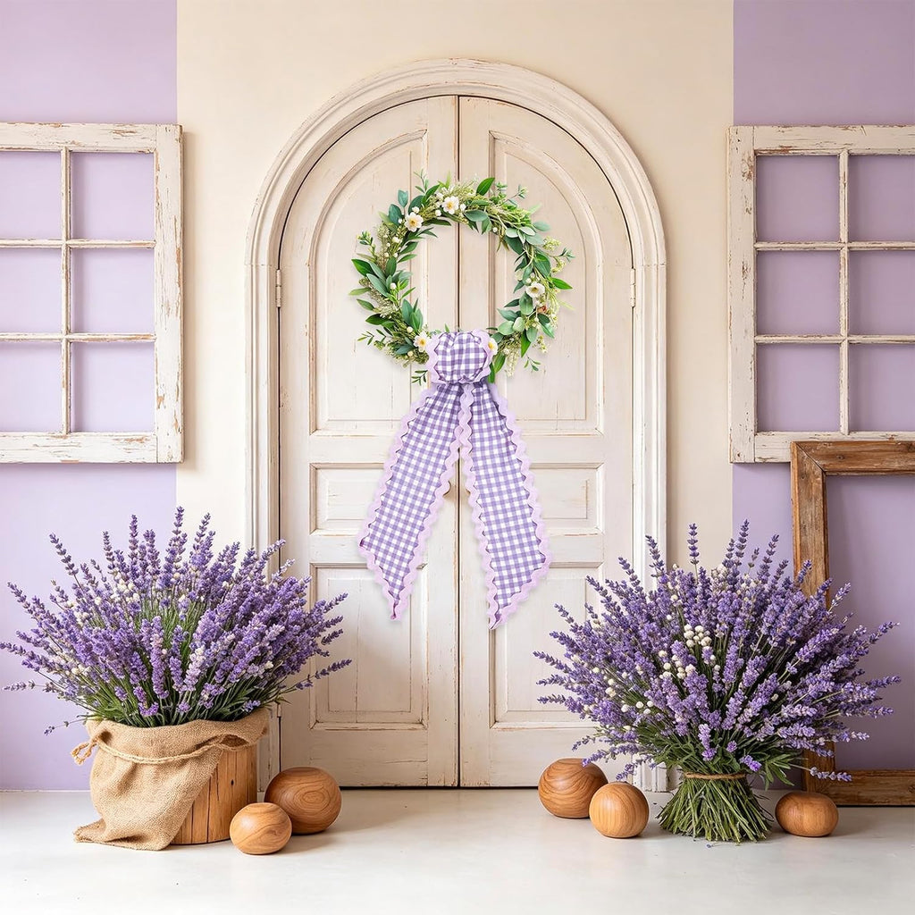 Whaline 2 Pcs Wreath Sash for Front Door Purple Plaid Garland Ribbon for Holiday Party Home Decor Indoor Outdoor
