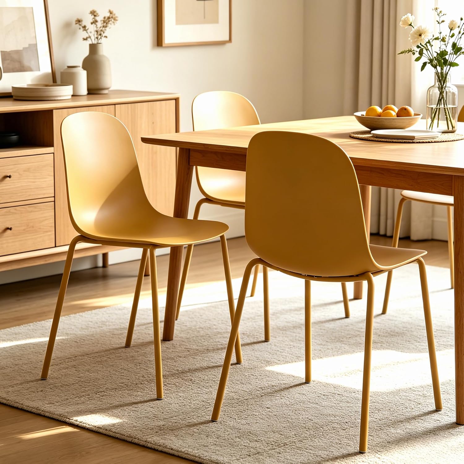 Dining Chairs Set of 2, Plastic Stackable Kitchen Chairs, Modern Indoor/Outdoor Chair with Metal Legs for Dining Room, Kitechen, Cafes, Restaurants (Mustard Yellow)
