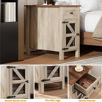 HAIOOU Farmhouse End Table with Charging Station, Narrow Side Tables with Storage Cabinet and Drawer, Wood Nightstand with Power Outlets & USB Ports for Bedroom, Living Room(Grey and Brown)