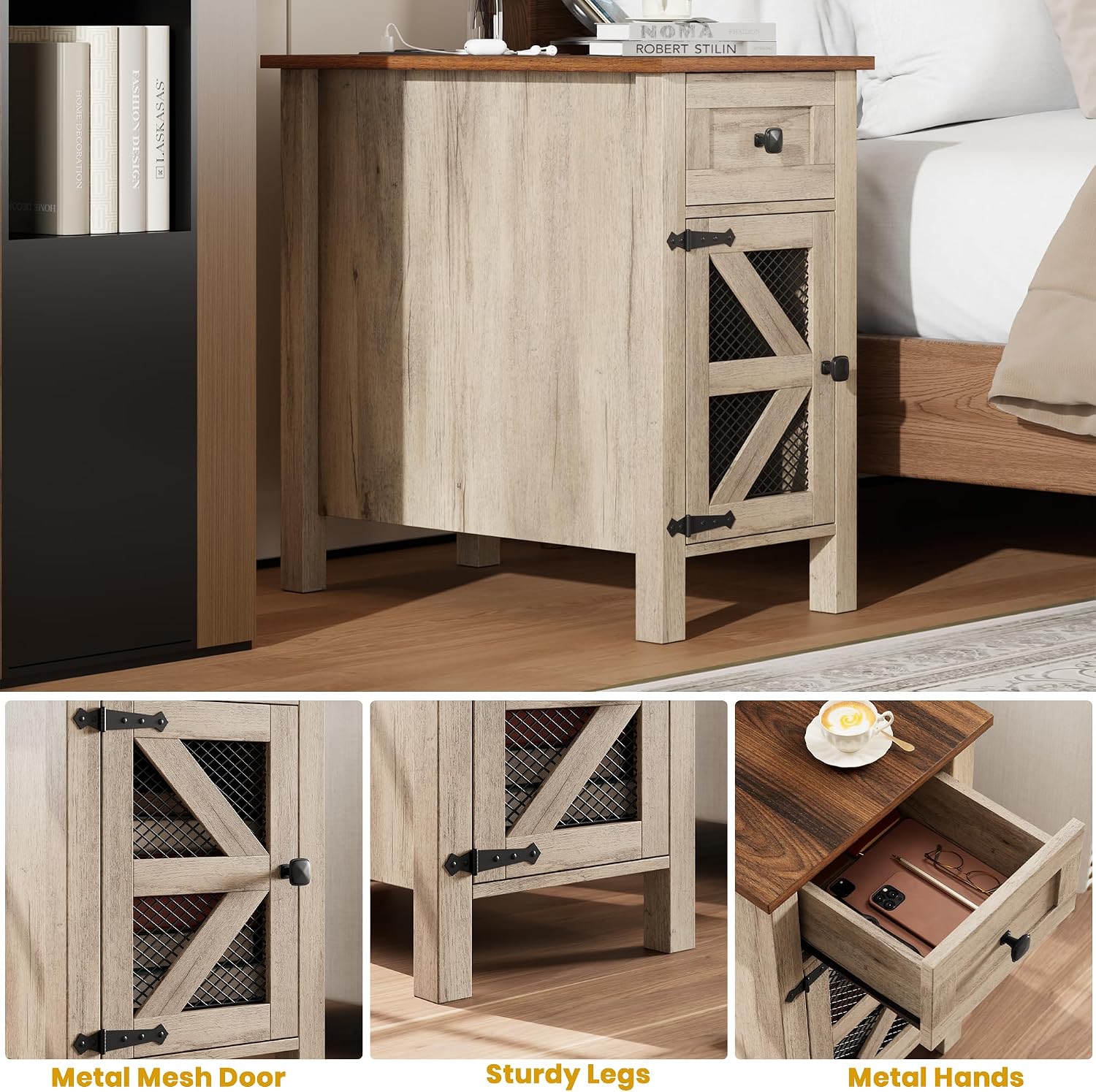 HAIOOU Farmhouse End Table with Charging Station, Narrow Side Tables with Storage Cabinet and Drawer, Wood Nightstand with Power Outlets & USB Ports for Bedroom, Living Room(Grey and Brown)