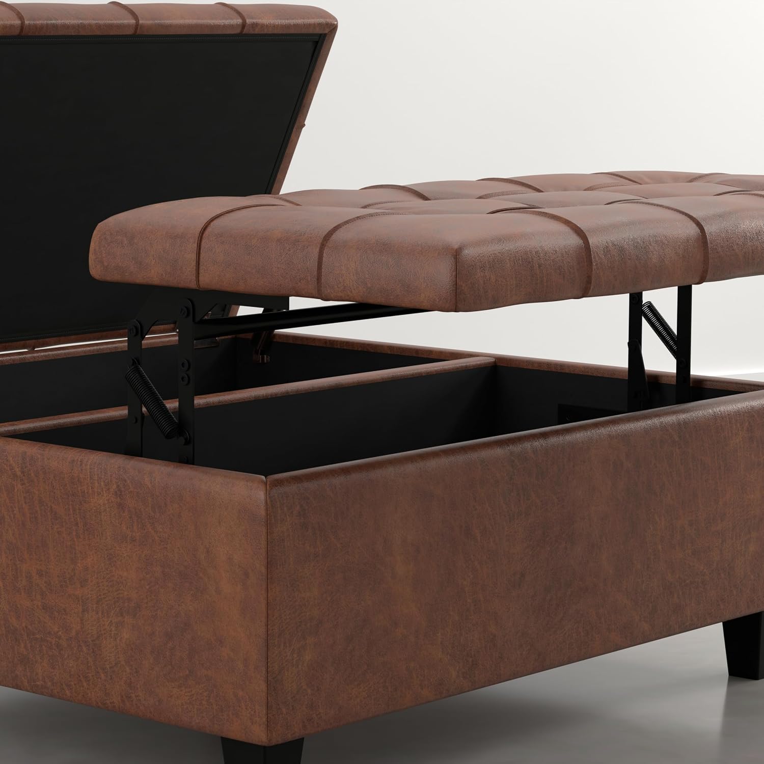 SIMPLIHOME Harrison Coffee Table Storage Ottoman - 36 inch Wide Upholstered Vegan Leather Square Lift-Top Ottoman in Distressed Pecan Brown, Transitional Ottoman for Living Room with Storage