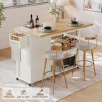 ONBRILL 56" Kitchen Island with Drop Leaf, Rolling Kitchen Cart with Trash Cabinet, Power Outlet, 2-Tier Open Shelves, 3 Drawers, Spice & Paper Towel Racks, 6 Wheels (4 Locking) for Dining Room, White