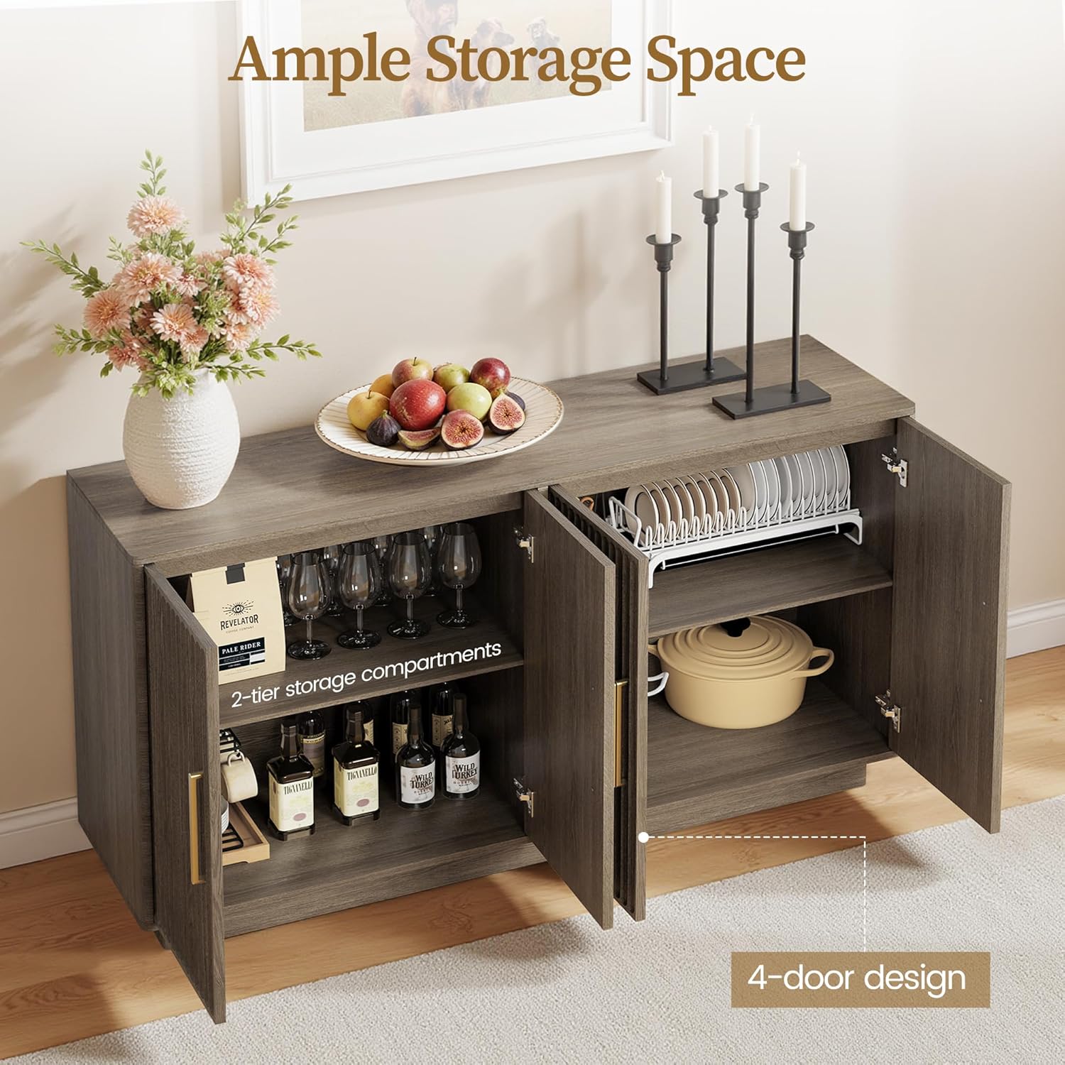 PAPROOS 55" Modern Fluted Sideboard Buffet Cabinet, Space-Saving Storage Credenza for Home Coffee Bar, 4-Door Accent Furniture with Adjustable Shelves for Clutter-Free Living (Brown Gray)