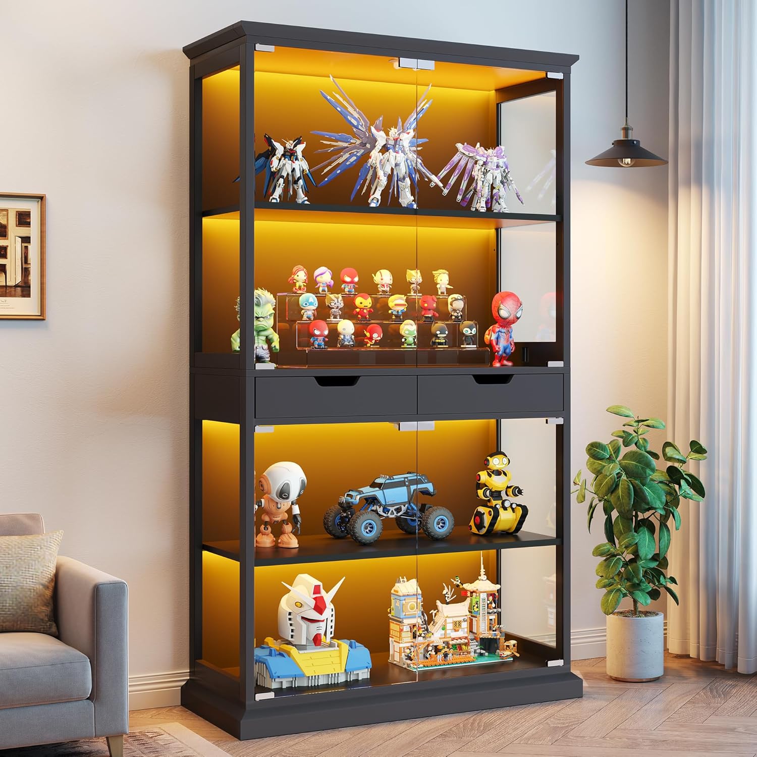 Jocoevol Display Cabinet with Glass Doors, 4-Tier Curio Cabinet with with 2 Drawers for Collectibles, Modern Glass Display Case Human Body Sensor & RGB Lights for Living/Game Room (Black)