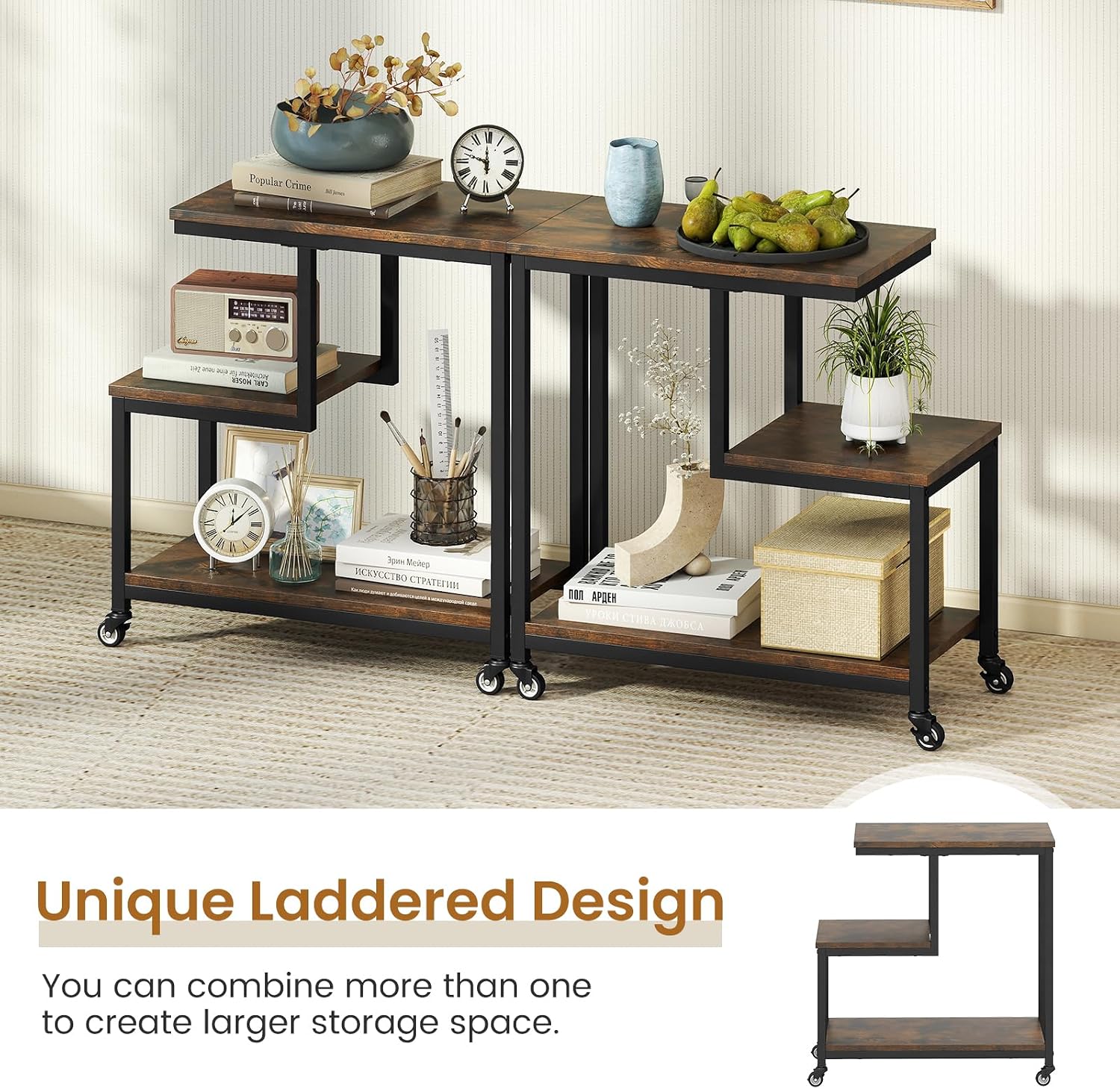 GOFLAME G-Shaped End Table, 3-Tier Sofa Side Table with Wheels, Open Shelves, Metal Frame, Modern Display Accent Table, Small Narrow Rolling Nightstand for Living Room, Bedroom, Rustic Brown
