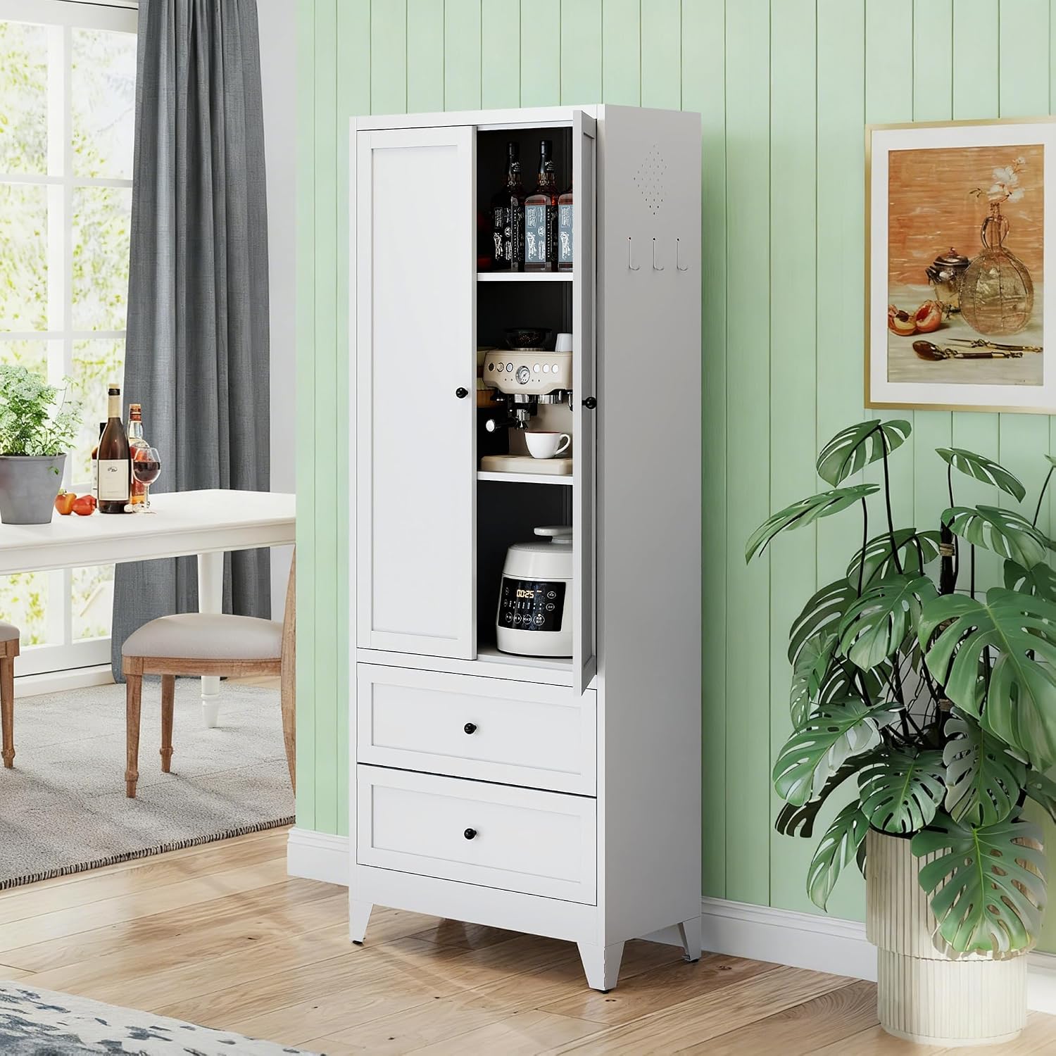 Kitchen Pantry Storage Cabinet, 72" H Storage Cabinet with 2 Drawers and Adjustable Shelves, Spacious Cupboard with Round Handles, Metal Kitchen Cabinet for Dining Room, Living Room, White