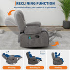 Swivel Rocker Recliner Chair with Heat and Massage, 360° Swivel Vibration Recliner Nursery Glider with Side Pocket and Cup Holders for Living Room, Bedroom, Home Theater Dark Grey