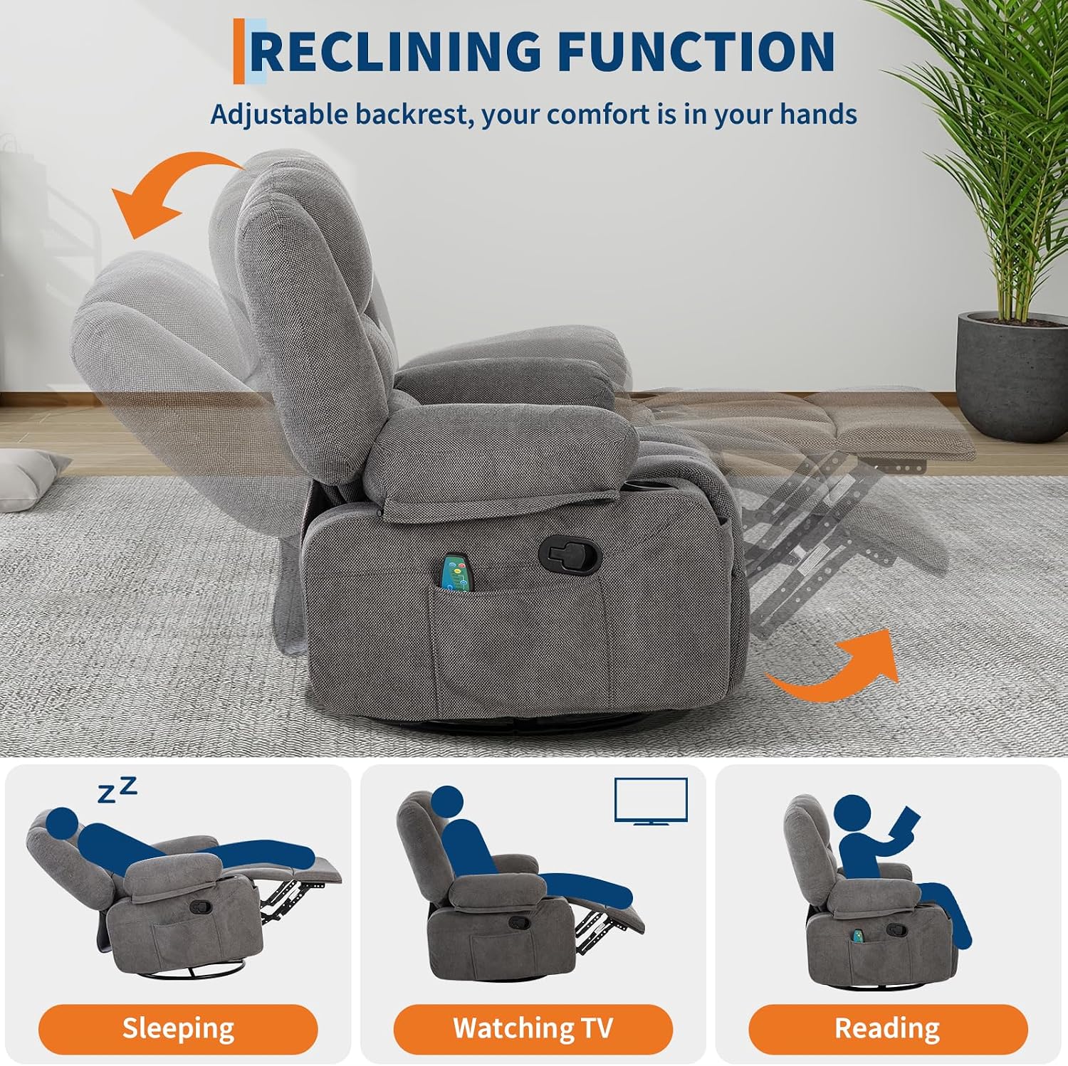 Swivel Rocker Recliner Chair with Heat and Massage, 360° Swivel Vibration Recliner Nursery Glider with Side Pocket and Cup Holders for Living Room, Bedroom, Home Theater Dark Grey