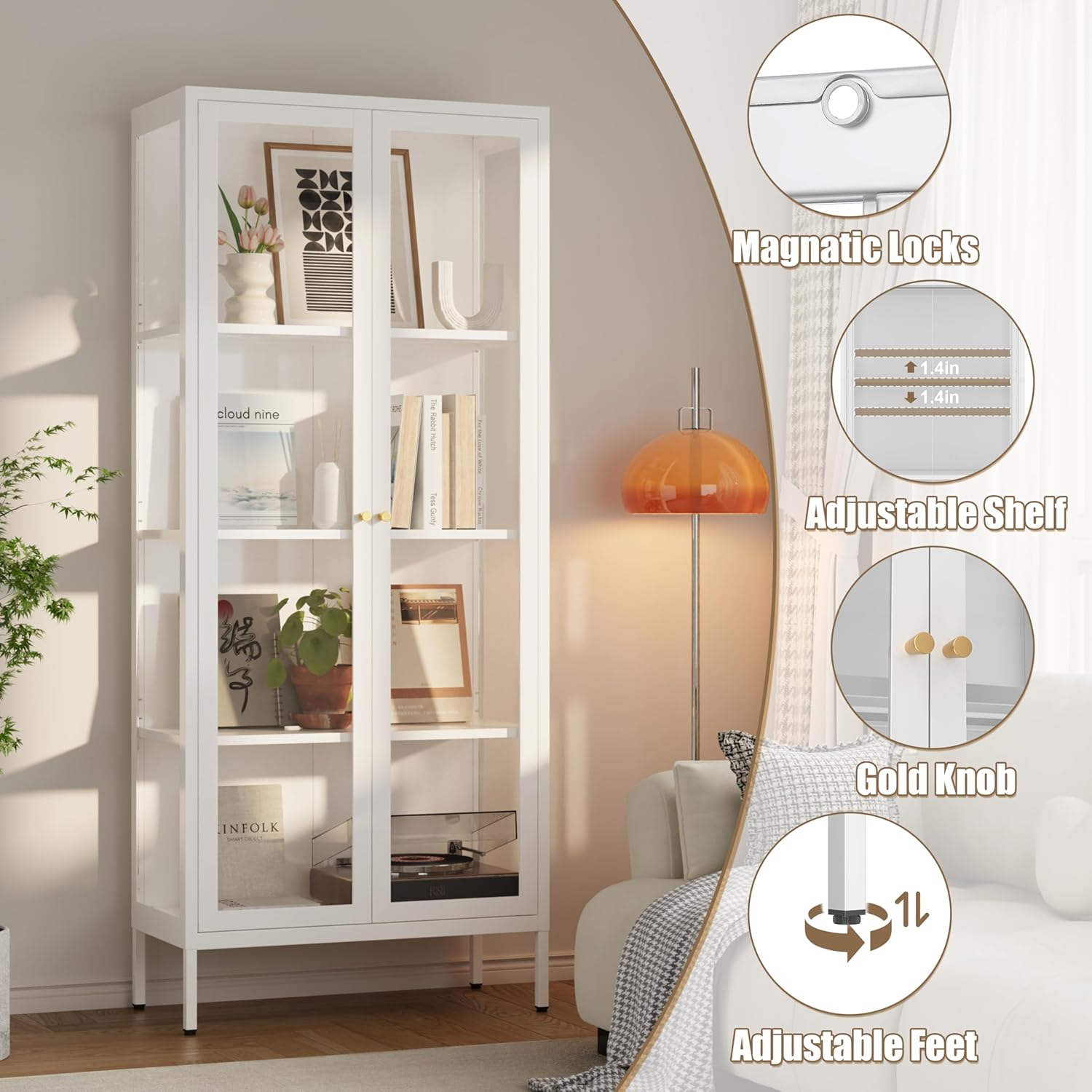 Glass Display Cabinet, 66" Tall Metal Storage Cabinet with Doors and Adjustable 3 Shelves, White Curio Glass Showcase, Pantry Storage Cabinet, Large Display Case for Living Room, Hallway, Kitchen