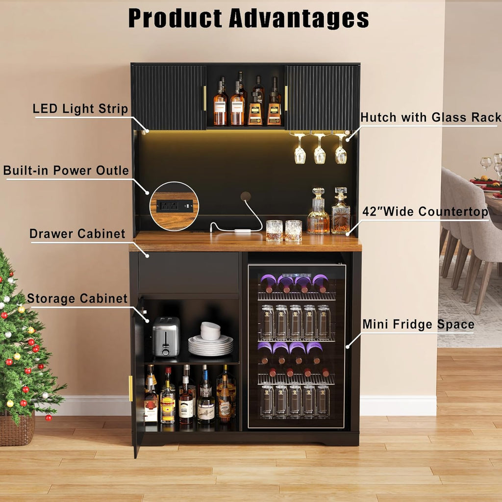 GDLF 72" Tall Bar Cabinet with Fridge Space, Fluted Coffee Liquor Hutch Cabinet with Storage, Tall Home Bar with LED Light & Power Outlet for Kitchen Dining Room or Living Area