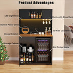 GDLF 72" Tall Bar Cabinet with Fridge Space, Fluted Coffee Liquor Hutch Cabinet with Storage, Tall Home Bar with LED Light & Power Outlet for Kitchen Dining Room or Living Area
