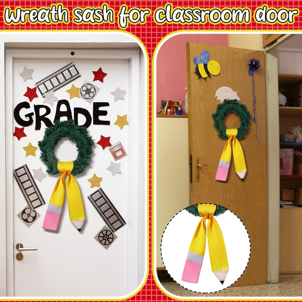 Back to School Pencil Wreath Sash for Front Door Yellow Teacher Appreciation Door Pencil Monogram Satin Wreath Sash for Party Supplies