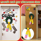Back to School Pencil Wreath Sash for Front Door Yellow Teacher Appreciation Door Pencil Monogram Satin Wreath Sash for Party Supplies