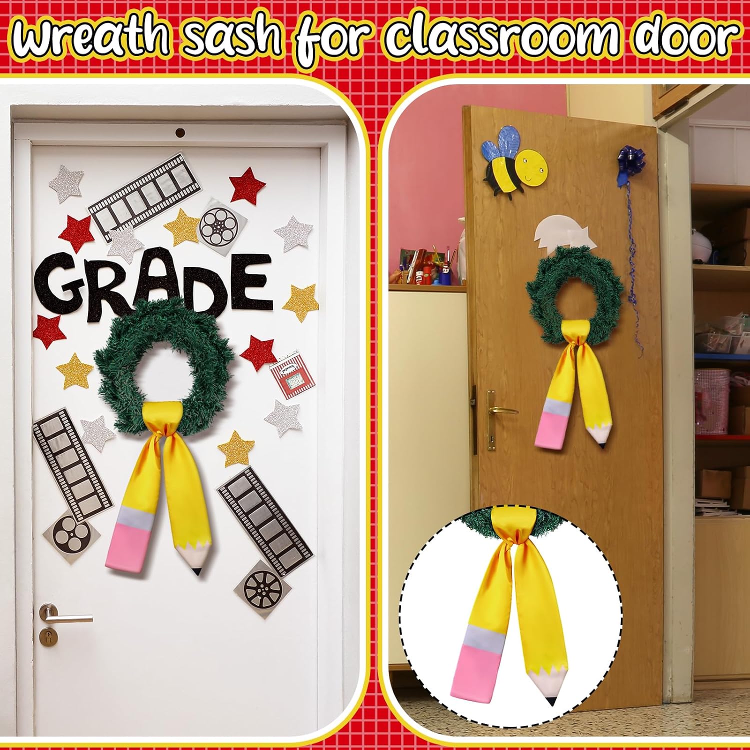 Back to School Pencil Wreath Sash for Front Door Yellow Teacher Appreciation Door Pencil Monogram Satin Wreath Sash for Party Supplies