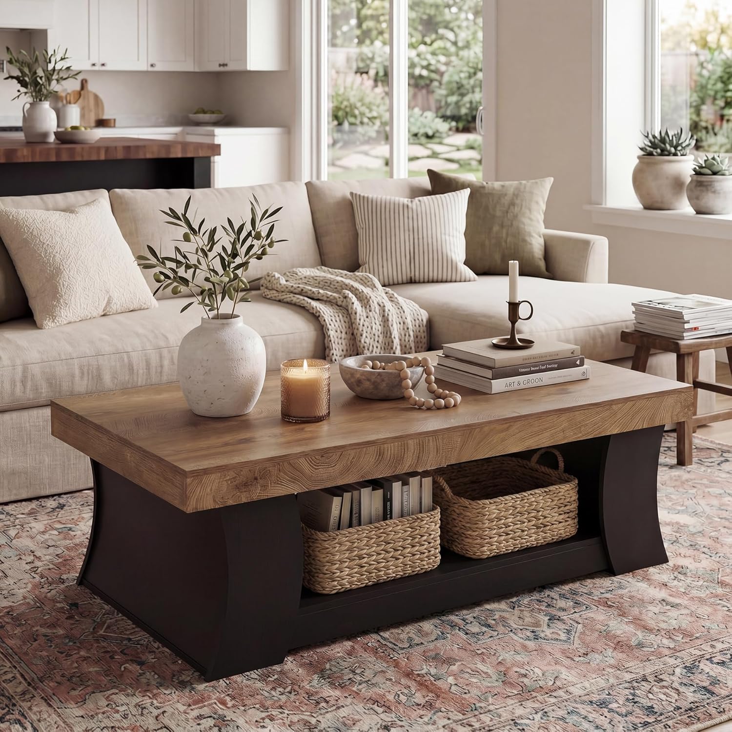 LITTLE TREE 55" Coffee Table, Living Room Table with Storage Shelf, Wooden Coffee Table, Modern Farmhouse Rectangle Center Table for Living Room, Bedroom, Office, Rustic Brown+Black