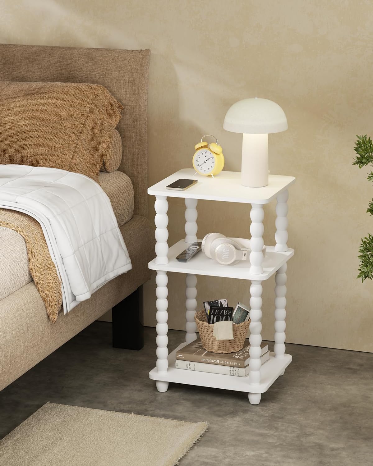 Tohiasen 3 Tier Side Table - Compact End Table with Solid Wood Legs, Small Nightstand with Open Shelves for Living Room Bedroom Office Nursery Small Spaces (White, Rectangular)