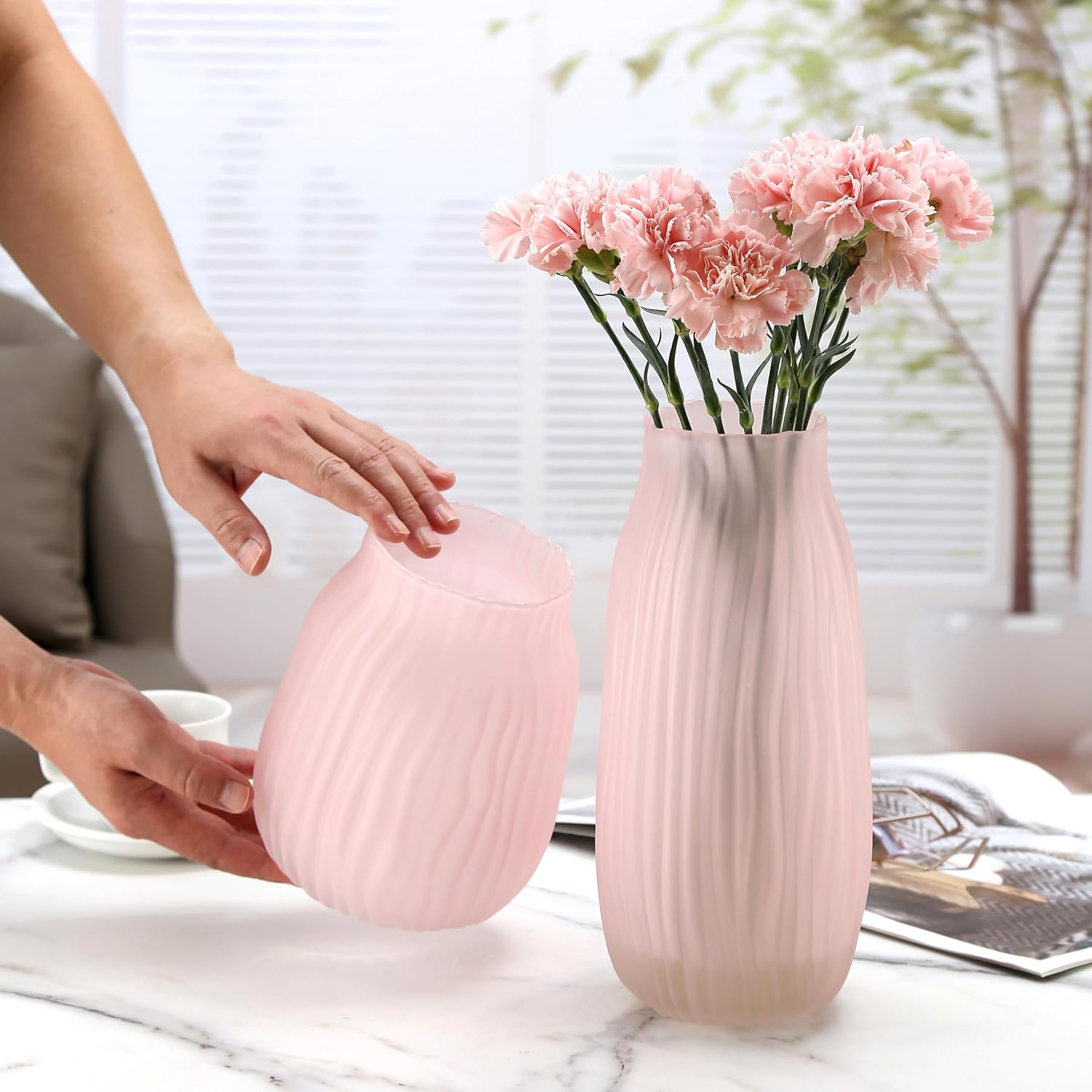 Large Ribbed Glass Vase 12in Frosted Pink Elegant Decorative Vases for Home Flowers Arrangements, Centerpieces, and Modern Décor