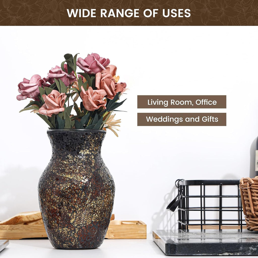 Mosaic Glass Flower Vase for Home Decor, Handmade Glass Vases for Living Room, Kitchen, Wedding, Office (Brown, 5 * 8 Inch)